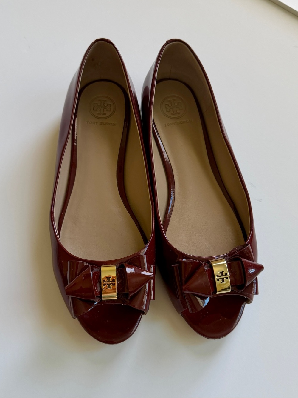 Tory Burch Maroon Patent Peep-Toe Bow Flats with Gold Logo Accent